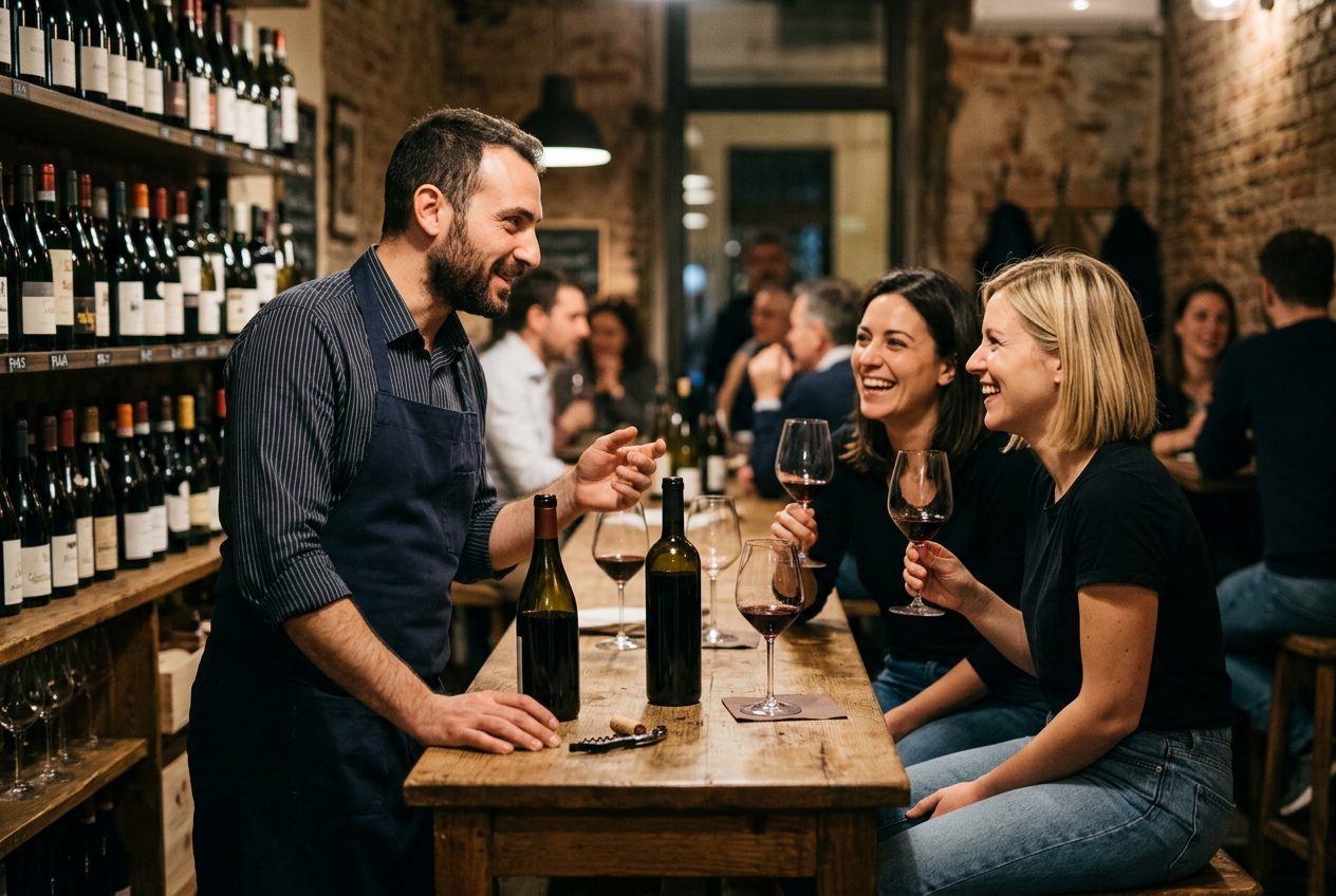 Ein Gastgeber im Gespräch mit zwei Gästen an der Theke einer Weinbar